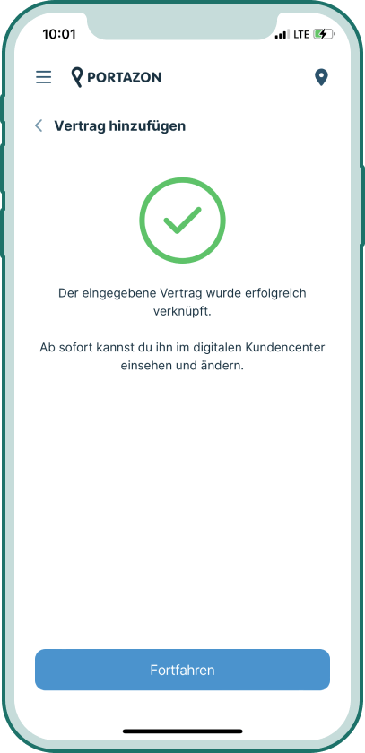 Erfolgreiches Hinzufügen eines SWT-Vertrages im digitalen Kundencenter der Portazon App