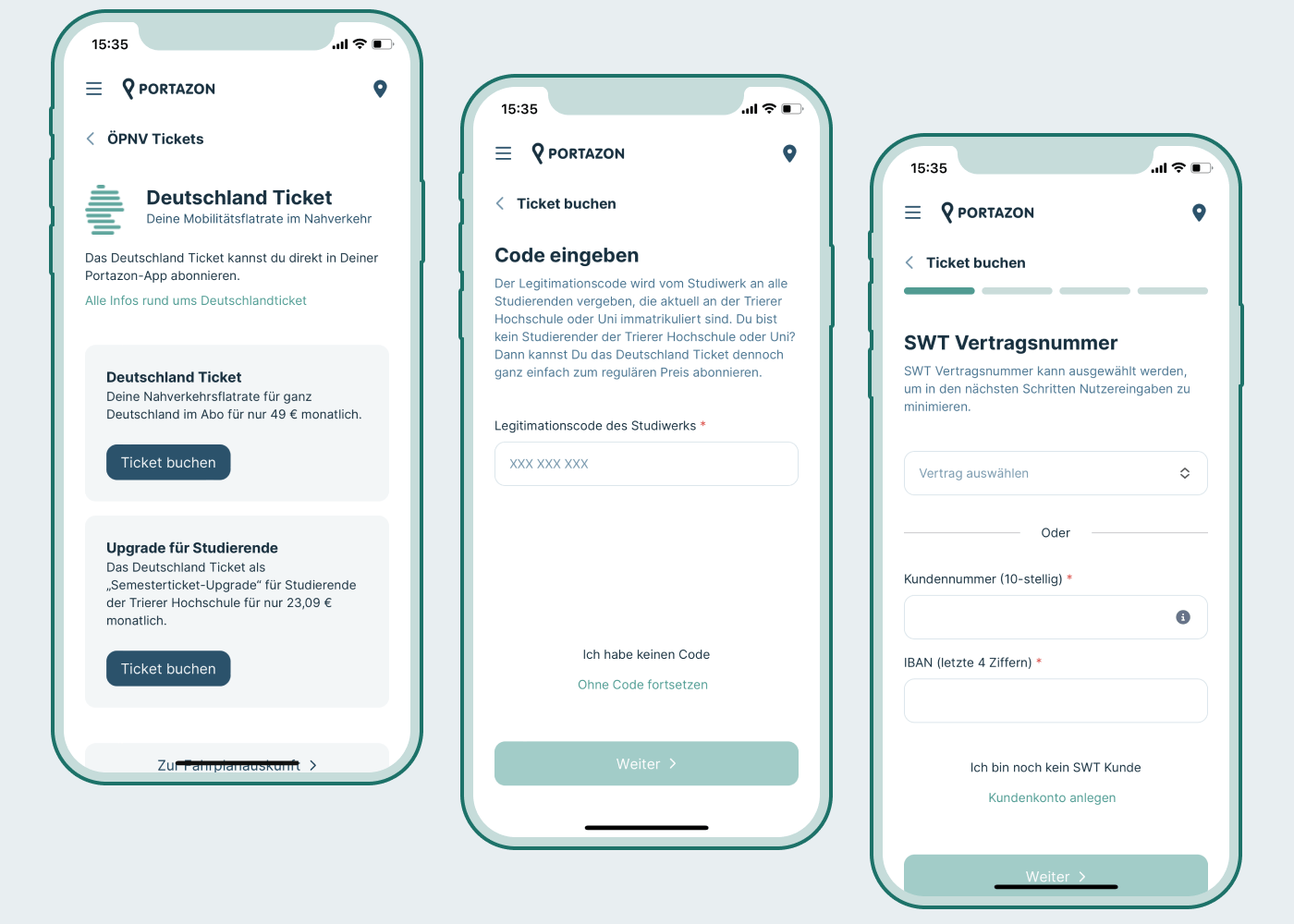 Drei Smartphones mit Screens, die die Buchung des Deutschlandtickets als Student zeigen